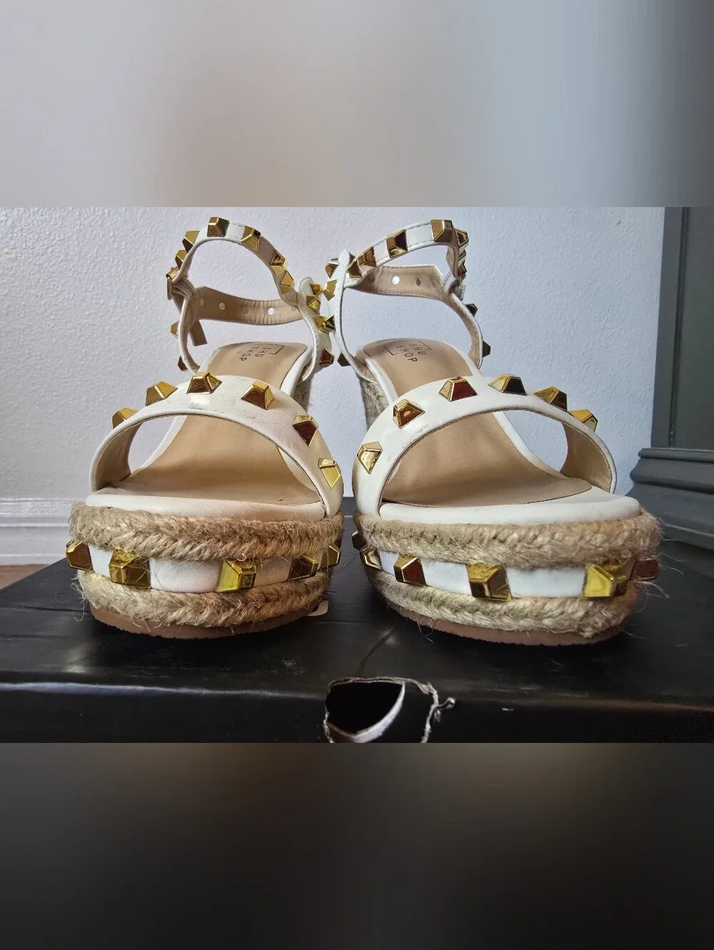 Gold Studded White Espadrille Wedges